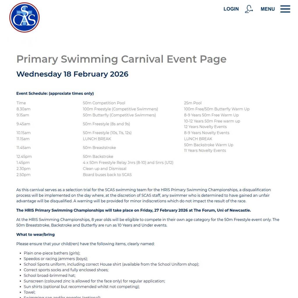 Primary Swimming Carnival Event Page
